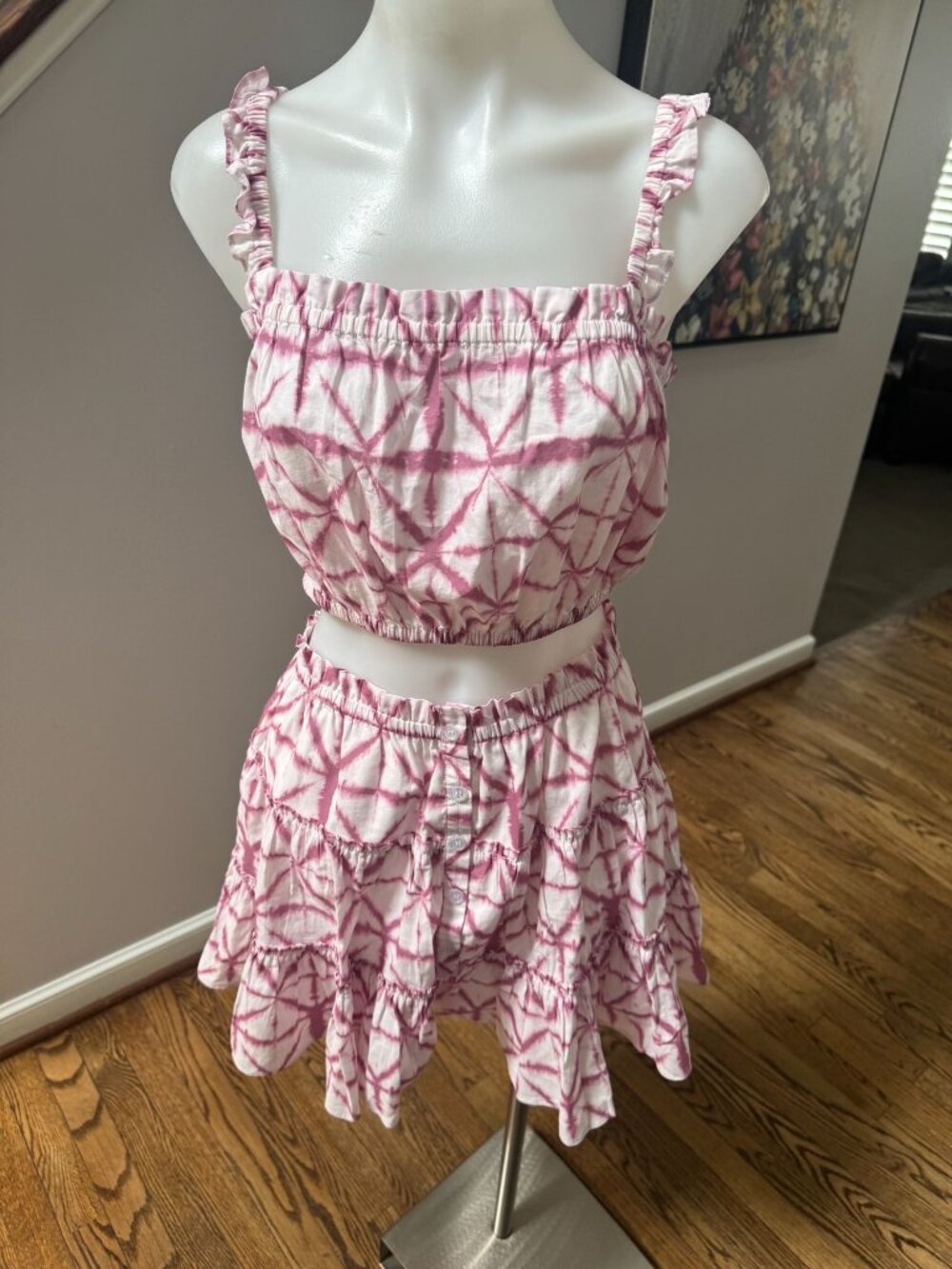 INTERMIX pink and white batik tie dye cropped top and skirt set 100% cotton XS